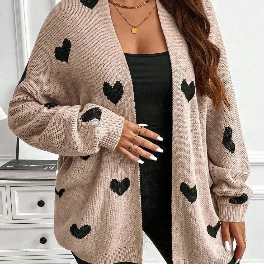 Coffee Brown Casual Women's Plus Size Heart Print Knitted Loose Cardigan